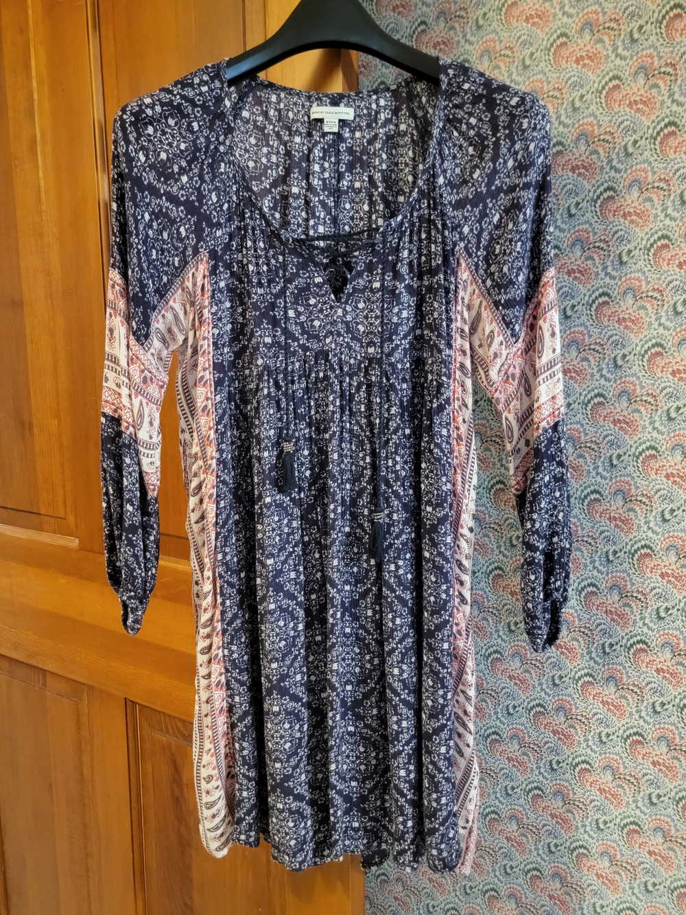 American Eagle Outfitters Navy and White Patterned Tunic Tassels Small